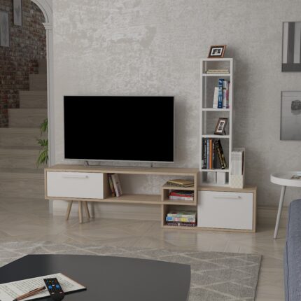 Lagomood Manzara Tv Ünitesi Tv Sehpası Beyaz -  Meşe - Görsel 2