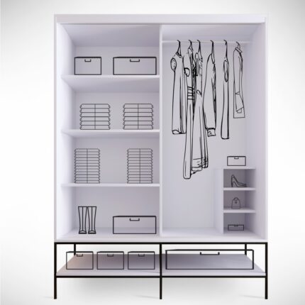Pasific Home Martin 2 Kapaklı Sürgülü Gardırop Elbise Dolabı,150 cm, Beyaz & Beyaz Mermer - Görsel 3