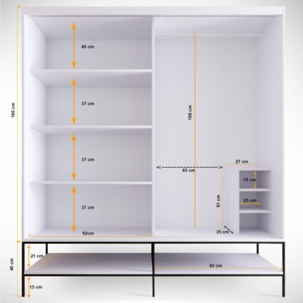 Pasific Home Martin 2 Kapaklı Sürgülü Gardırop Elbise Dolabı,190 cm, Beyaz & Beyaz Mermer - Görsel 4