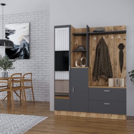 Robin Home Vestiyer Ayakkabılık Portmanto Aynalı Raf Çam-Antrasit - Görsel 2