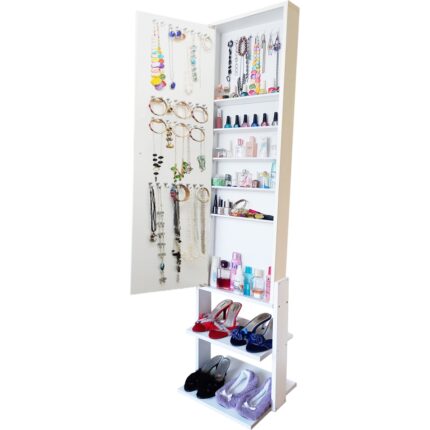 First Mobilya Beyaz Suntalam Aynalı Takı ve Aksesuar Dolabı 165x41x8,5 cm – Ayaklı, Demonte, Kolay Kurulum