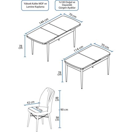 Canisa Concept Nef Serisi 70 x 114 Cm, Açılabilir Mdf Mutfak Masa Takımı, Beyaz Masa Ceviz Ayak, 4 Sandalye - Görsel 5