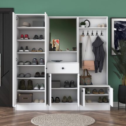 Rani P6 Modern Çekmeceli Aynalı Portmanto Ayakkabılık Vestiyer Beyaz M2 - Görsel 3