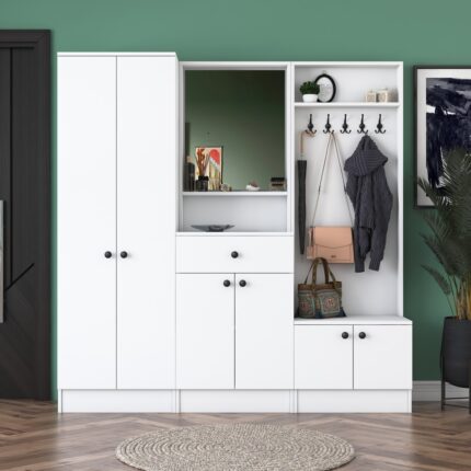 Rani P6 Modern Çekmeceli Aynalı Portmanto Ayakkabılık Vestiyer Beyaz M2 - Görsel 4