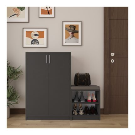 Asra Trend MDF Koyu Gri Ayakkabılık - 6 Raflı, Puflu, 2 Kapaklı, Geniş, Çok Amaçlı Dolap, A-28