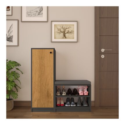 Asra Trend MDF Antrasit/Petra Ayakkabılık - 6 Raflı, Puflu, Tek Kapaklı, Çok Amaçlı Dolap, A-19