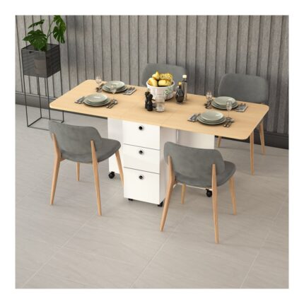 Asra Trend MDF Katlanır Mutfak Yemek Çalışma Masası, 3 Çekmeceli, Beyaz-Akça Ağaç, KM-09 - Görsel 2