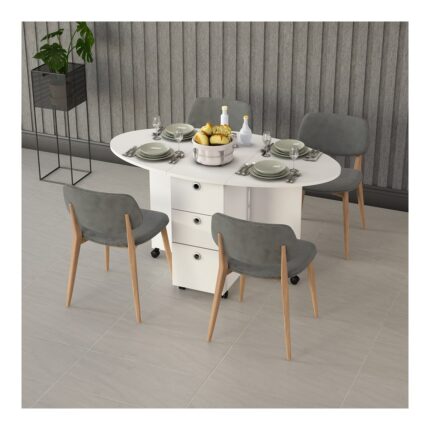 Asra Trend MDF Oval Katlanır Mutfak Yemek Çalışma Masası, 3 Çekmeceli, Beyaz, KM-08 - Görsel 2