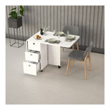 Asra Trend MDF Katlanır Mutfak Yemek Çalışma Masası, 3 Çekmeceli, Beyaz, KM-100