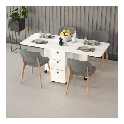 Asra Trend MDF Katlanır Mutfak Yemek Çalışma Masası, 3 Çekmeceli, Beyaz, KM-100 - Görsel 2