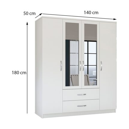 Metalia Esil 4 Kapılı Beyaz Suntalam Aynalı Geniş Depolama Alanlı Modern Tasarım Gardırop - Görsel 5