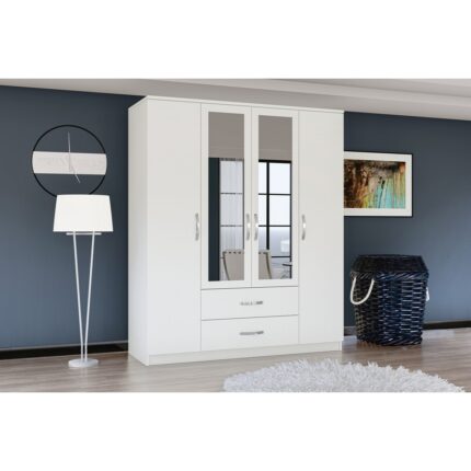 Metalia Esil 4 Kapılı Beyaz Suntalam Aynalı Geniş Depolama Alanlı Modern Tasarım Gardırop
