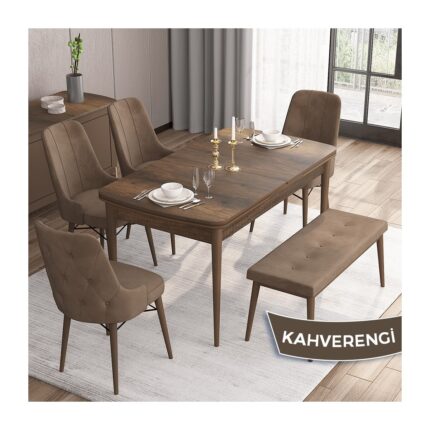 Canisa Concept Iza Serisi, 80 x 132 cm Mdf Masa, Barok Ahşap Desen Mutfak Masa Takımı, 4 Sandalye 1 Bench
