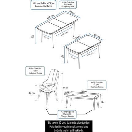 Canisa Concept Iza Serisi, 80 x 132 cm Mdf Masa, Barok Ahşap Desen Mutfak Masa Takımı, 4 Sandalye 1 Bench - Görsel 5