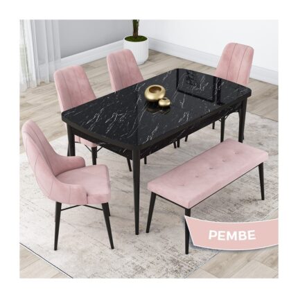 Canisa Concept Kar Serisi, Mdf 80X132 Açılabilir Masa Takımı, Siyah Mermer Desen Masa, 4 Sandalye 1 Bench