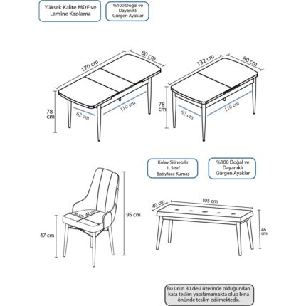 Canisa Concept Kar Serisi, Mdf 80X132 Açılabilir Masa Takımı, Siyah Mermer Desen Masa, 4 Sandalye 1 Bench - Görsel 5