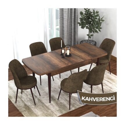 Canisa Concept Kor Serisi  Barok Ahşap Desen  70X114 Açılabilir Mutfak Masa Takımı, 6 Adet Sandalye