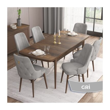 Canisa Concept Are Serisi, Mdf 80X132 Açılabilir  Barok Ahşap Desen Mutfak Masa Takımı, 6 Sandalye Gold Halkalı