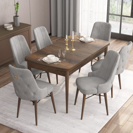 Canisa Concept Are Serisi, Mdf 80X132 Açılabilir  Barok Ahşap Desen Mutfak Masa Takımı, 6 Sandalye Gold Halkalı - Görsel 2