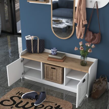 Rani EE101 Aynalı Vestiyer Modern Portmanto Duvar Askısı Ayakkabılık Renk: Beyaz - Sepet Ceviz - Görsel 3