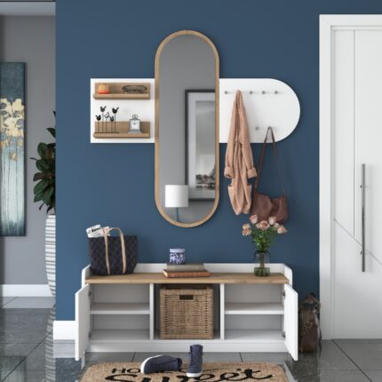 Rani EE101 Aynalı Vestiyer Modern Portmanto Duvar Askısı Ayakkabılık Renk: Beyaz - Sepet Ceviz - Görsel 4