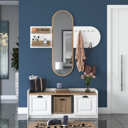 Rani EE101 Aynalı Vestiyer Modern Portmanto Duvar Askısı Ayakkabılık Renk: Beyaz - Sepet Ceviz - Görsel 5