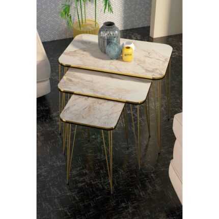 Gold Falez Metal Ayaklı Mermer Desenli 3'lü Zigon Sehpa Seti 37x60 cm Minimalist Tasarım