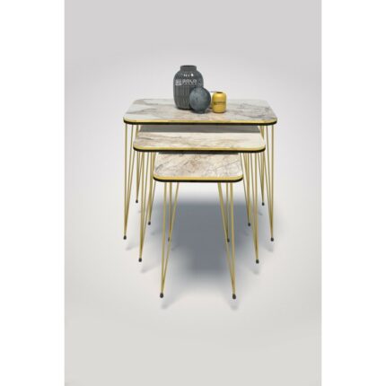 Gold Falez Metal Ayaklı Mermer Desenli 3'lü Zigon Sehpa Seti 37x60 cm Minimalist Tasarım - Görsel 3