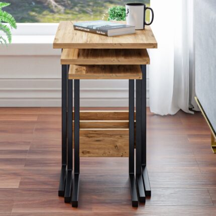 Ceramical ZG3 Metal Ayaklı 3'lü Zigon Sehpa - Çam - Görsel 3