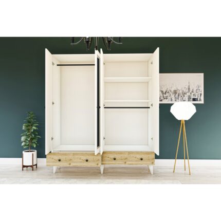 Metalia Gm 417 4 Kapılı 2 Çekmeceli Düğme Kulplu Aynalı Beyaz-Atlantik Çam Gardırop  - Görsel 3