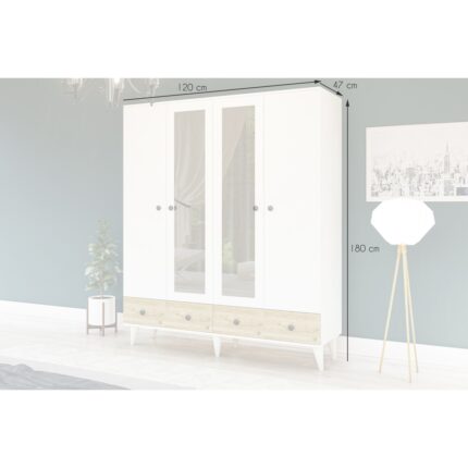 Metalia Gm 417 4 Kapılı 2 Çekmeceli Düğme Kulplu Aynalı Beyaz-Atlantik Çam Gardırop  - Görsel 5