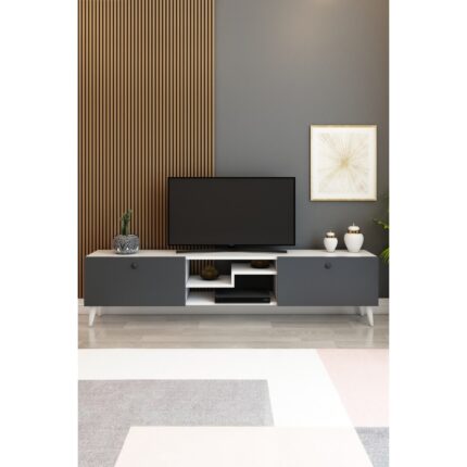 İzco Design Izco Design Model Z Tv Ünitesi 150 cm Dekoratif Raflı Iki Kapaklı Tv Sehpası Beyaz-Antrasit Renk
