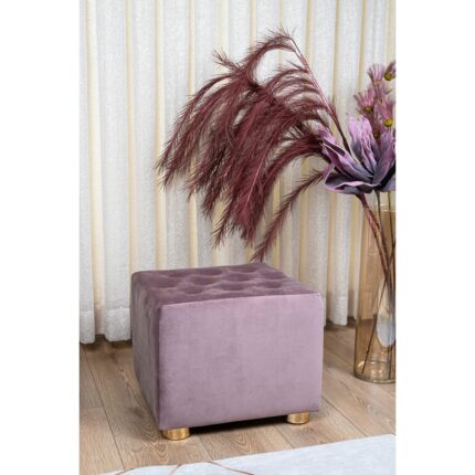 Ömas Konsept Premium Gold Ayaklı Gül Kurusu Düğmeli Kadife Kumaşlı Ahşap Puf,ev Salon Puf Bench Silinebilir Puf - Görsel 2