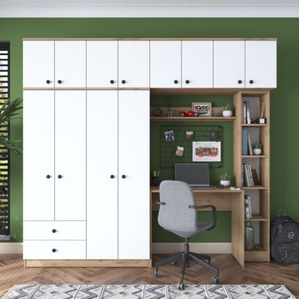 Rani BA122 Geniş Gardırop Açık Raflı Elbise Dolabı + Çalışma Masası + Kitaplık Sepet Ceviz - Beyaz 216 x 240 cm