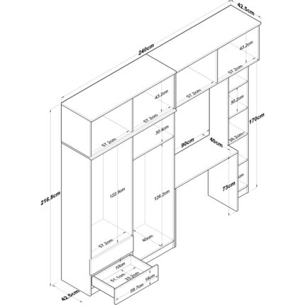 Rani BA122 Geniş Gardırop Açık Raflı Elbise Dolabı + Çalışma Masası + Kitaplık Sepet Ceviz - Beyaz 216 x 240 cm - Görsel 2