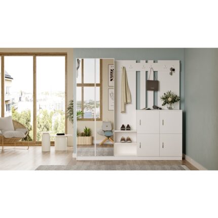 Robin Home Nova Aynalı Vestiyer Portmanto Ayakkabılık Beyaz - Görsel 3