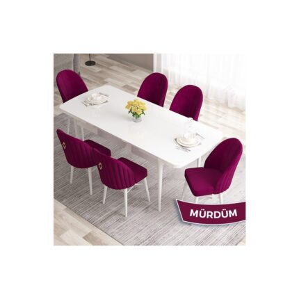Canisa Concept Roz Serisi 80X132 Mdf Açılabilir Beyaz Mutfak Masası Takımı 6 Sandalye Gold Halkalı - Görsel 2