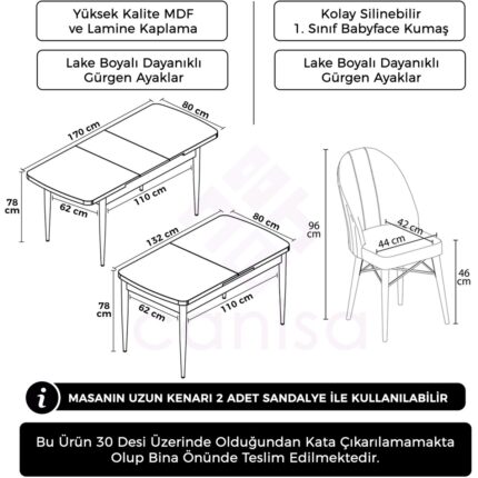 Canisa Concept Roz Serisi 80X132 Mdf Açılabilir Beyaz Mutfak Masası Takımı 6 Sandalye Gold Halkalı - Görsel 5