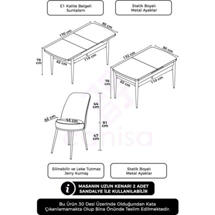 Canisa Concept Via Serisi 80 x 132 cm  Açılabilir Barok Ahşap Desen Mutfak Masa Takımı + 8 Adet Sandalye - Görsel 4