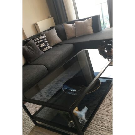En Temiz Füme Orta Sehpa 60x110 cm Temperli Cam Modern Tasarım Siyah Metal Ayaklı - Görsel 2