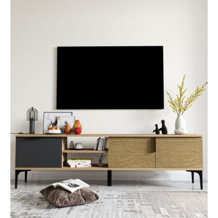 Alonex Tarz Raflı 180 cm Metal Kulp Tv Ünitesi (Sepet - Antrasit) DUBLIN002