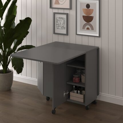 Asra Trend MDF Katlanır Mutfak Yemek Çalışma Masası, Çekmece+Dolap, Koyu Gri, KM-28 - Görsel 2
