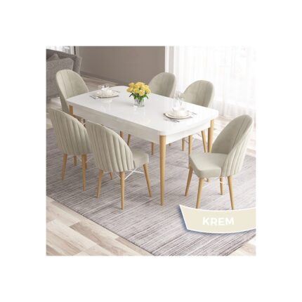 Canisa Concept Ves Serisi 80X132 Mdf Beyaz Mutfak Masa Takımı Doğal Ahşap Ayak Beyaz Kafes 6 Sandalye