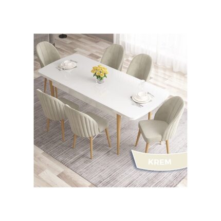 Canisa Concept Ves Serisi 80X132 Mdf Beyaz Mutfak Masa Takımı Doğal Ahşap Ayak Beyaz Kafes 6 Sandalye - Görsel 2