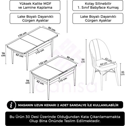 Canisa Concept Ves Serisi 80X132 Mdf Beyaz Mutfak Masa Takımı Doğal Ahşap Ayak Beyaz Kafes 6 Sandalye - Görsel 5