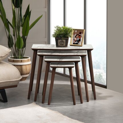 Vovvahome Vega 4lü Dörtlü Mdf Ahşap Zigon Sehpa - Beyaz Mermer Desenli - Görsel 2