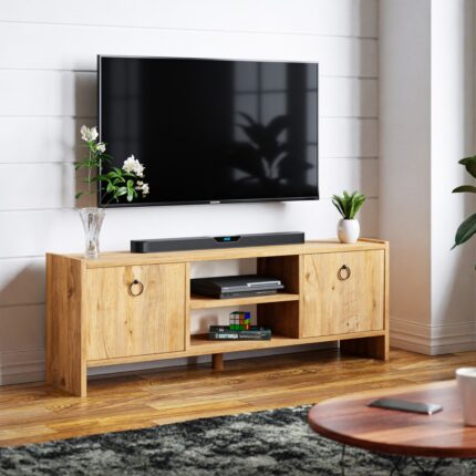 İntergo TV Ünitesi ve Sehpası Kapaklı Raflı Suntalam Retro Modern Tasarım 120x44x29 cm Ölçülerinde