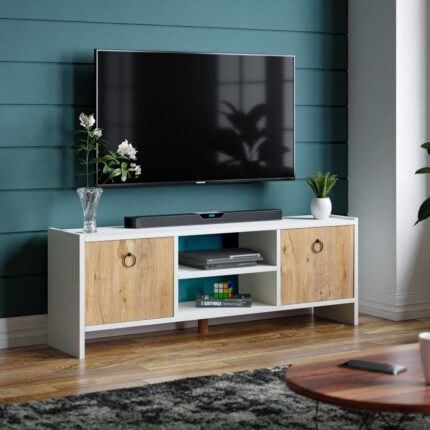 İntergo Kapaklı ve Raflı Modern Minimalist TV Ünitesi - Yonga Levha, 120x29x44 cm