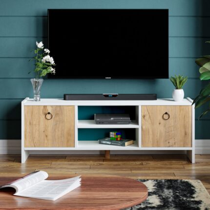İntergo Kapaklı ve Raflı Modern Minimalist TV Ünitesi - Yonga Levha, 120x29x44 cm - Görsel 2