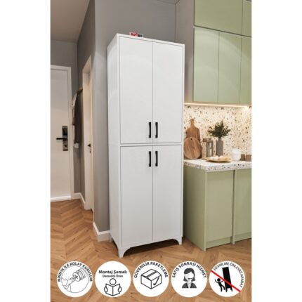 Bofigo Çok Amaçlı Dolap 4 Kapaklı 6 Bölmeli Banyo Dolabı Mutfak Dolabı Nehir Beyaz
